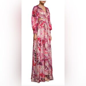 DELFI cutout maxi dress formal pink/purple/gold metallic 100% silk Size M